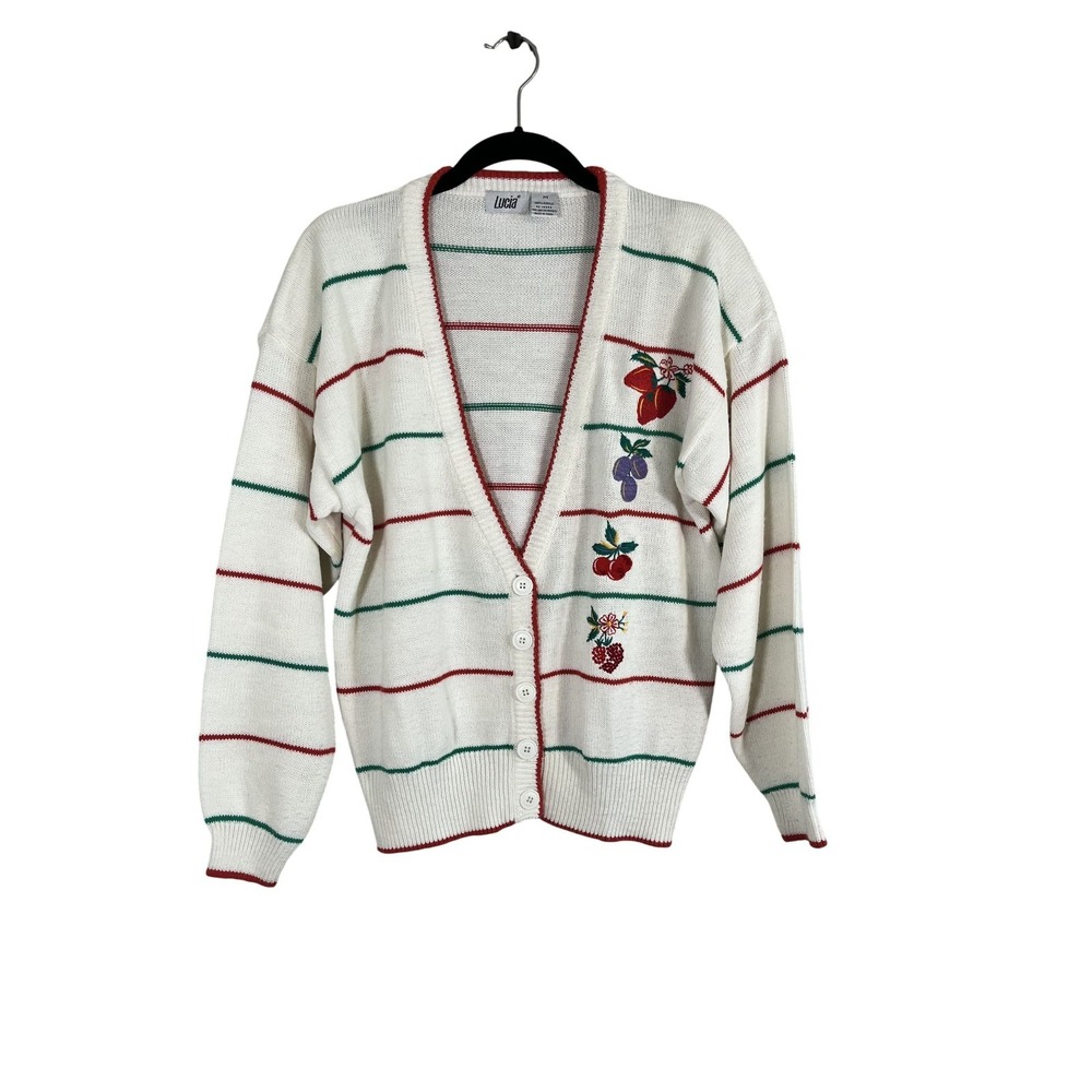 Vintage Stripe Knit Cardigan Sweater White L Cherry‎ Fruit Retro Cottagecore 90s